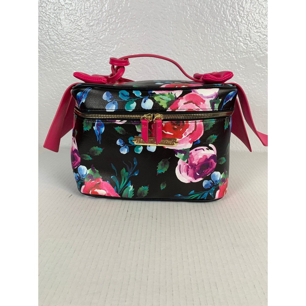 Betsey Johnson Cosmetic Case Women OS Black Floral Bow Travel Makeup Vanity Bag